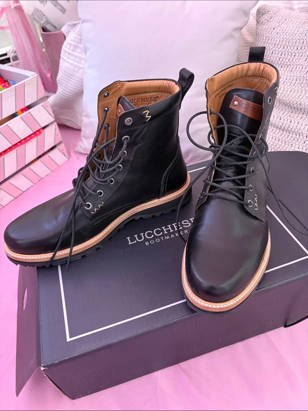 Lucchese Black Leather Lace-Up Boots with Tan Accents